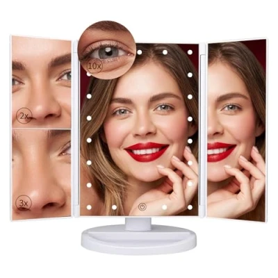 Imagen de SINZUX espejo cosmético de tocador, maquillaje con 21 luces LED, pantalla táctil, aumento triple pliegue 2X, 3X 10X, LED rotación libre 180, viaje