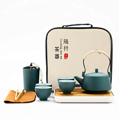 Imagen de fanquare Juegos de Té Verde Japonés para Adultos, Juego Chino Cerámica, Servicio Kongfu Portátil con Bandeja Bambú, una Tetera, 4 Tazas y 1 Bote