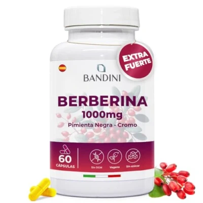 Imagen de Bandini® Berberina 1000 mg Pura Con Cromo y Pimienta Negra para una mejor absorción El extracto concentrado de Berberis Vulgaris Control la glucosa triglicéridos 60 cápsulas veganas
