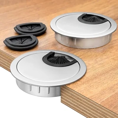 Imagen de BRUCE.® Premium pasacables [2 Piezas] de metal mesa Para escritorio ø 60 mm incl. 2 x goma más orden en su el lugar trabajo (2, Plata)