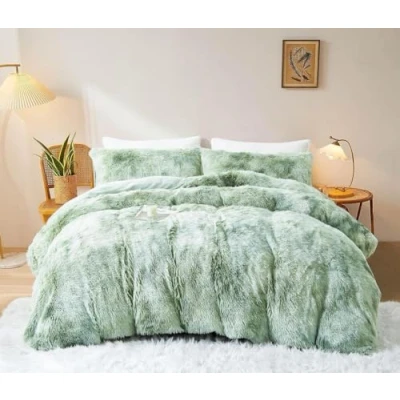 Imagen de Sacebeleu ropa de cama invierno 135 x 200 cm felpa pelo largo franela mullida, funda nórdica verde y blanco, degradado color, cálida