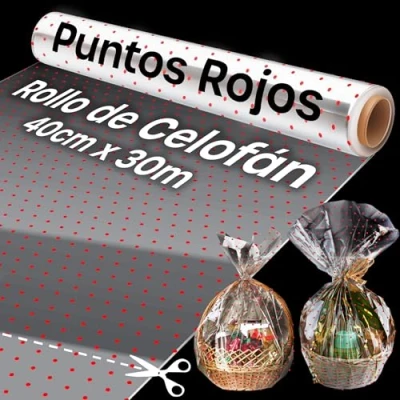 Imagen de Papel Celofan Transparente (40cm x 30m) 1 Rollo con Lunares Rojos, para Envolver Regalos, Ramos de flores, Canastas Frutas, Repostería y Navidad Regalos
