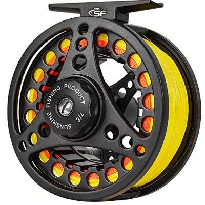 Imagen de SF Carrete de Pesca con Mosca Eje Grande 7/8 WT Cuerpo aleación Aluminio Fundido a presión Negro Mate precargado línea combinada Amarilla Fluorescente