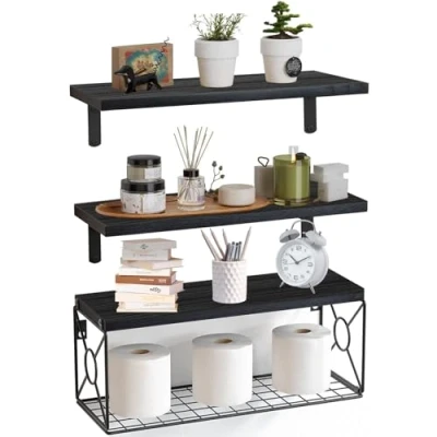 Imagen de LeapBeast Estantes flotantes con cestas Colgantes,Estantes de Pared Madera,Estanteria Pared,Estantes flotantes,Estantes Rústico para Dormitorio,Cocina,Baño,Sala Estar (A03)