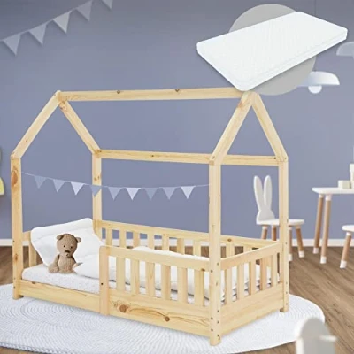 Imagen de ML Design Cama Infantil Natural con Colchón De Espuma Fría 70x140 cm Protección Anticaída Techo Somier Estructura Listones Madera Maciza Pino para Niñas Y Niños Forma Casa Cuna Estable Juego