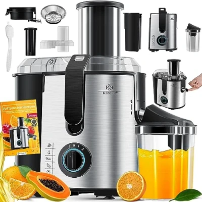 Imagen de KESSER® Exprimidor para fruta y verdura, de acero inoxidable 1100W, 85 mm abertura llenado, incl. cepillo limpieza recipiente zumo, 3 ajustes velocidad, Exprimidor, Plata