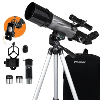 Imagen de Celestron 22007 Travel Scope 60 DX Telescopio Refractor portátil y Adaptador Smartphone para Principiantes, Cristal óptico Completamente Revestido, trípode, Mochila, Otros Accesorios, Negro o Gris