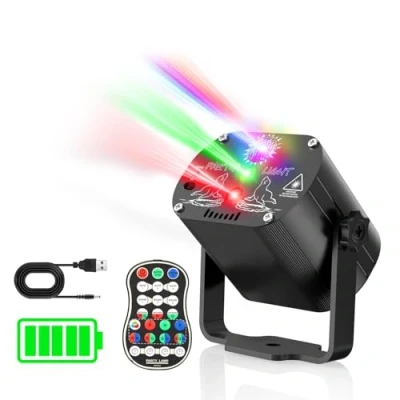 Imagen de Tyonto Luces Discoteca Luz Fiestacon Disco LED Karaoke Inalámbrico, Batería 4500 mAh Proyector 60 Patrones y Controlada por Música, Efecto Estroboscópico, Control Remoto Cable USB 2 M, para Fiestas