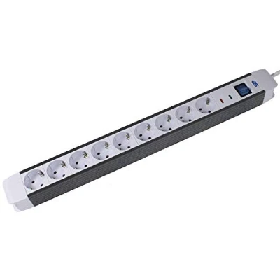 Imagen de as Schwabe Regletas de enchufes FLASH con protección contra sobretensiones 9 tomas corriente y cable 1,5 m extensión interruptor encendido/apagado Blanco
