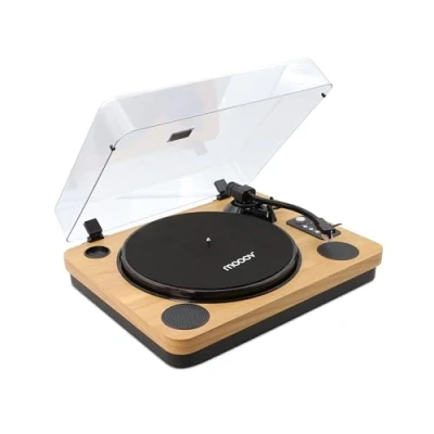 Imagen de Mooov 477361 Tocadiscos de Vinilo Bluetooth, 3 velocidades, Altavoces estéreo, Potencia 15W, Salida USB para convertir vinilos a Formato Digital, RCA, Acabado en Madera Natural