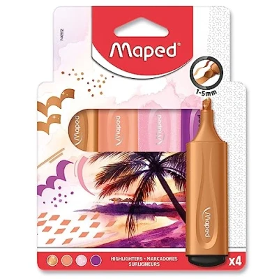 Imagen de Maped 4 rotuladores Fluo&#039;Peps Punta biselada Subrayadores de larga duración Uso escolar y profesional colores pastel Fluos tinta purpurina Tema Sunset rosa/morado