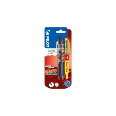 Imagen de PILOT FriXion Clicker 0.7 Naruto Shippuden Limited Edition Bolígrafo de tinta gel borrable y recargable con termosensible, 2 bolígrafos (negro azul) + 1 Light (amarillo)