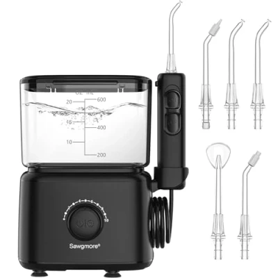 Imagen de Sawgmore Irrigador Dental, Bucal con 5 Boquillas Multifuncionales, Capacidad de 600ML, 10 Ajustes Presión del Agua, Limpieza Dientes para Cuidado Dental Familiar (Negro)