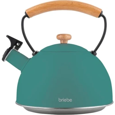 Imagen de briebe Nordic Tetera Inducción Silbante 2,3L, Infusiones, Hervidor de Agua Acero Inoxidable, Todo Tipo Cocinas, Vitrocerámica, Gas, Mango Madera Tacto Frío, Tea Pot, Verde