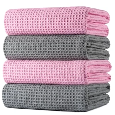 Imagen de POLYTE Toalla de baño microfibra gran tamaño secado rápido, sin pelusas, 152 x 76 cm, 4 unidades (gris, rosa, tejido gofre)