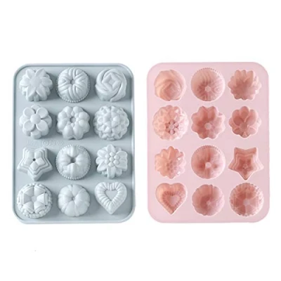 Imagen de 2 Piezas Molde De Silicona, Moldes Silicona Donut, Formas 12 Cavidades para Hornear, Pastel Galleta Dulces Hacer Chocolate Cubitos Hielo Pudín (Rosa, Gris Azul)