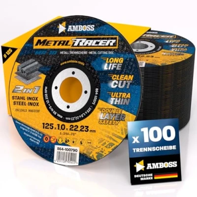 Imagen de 100 discos de corte Metal 125 x 1 22,23 mm diámetro. El disco Racer by Ambos es adecuado para acero y inoxidable, acero/acero inoxidable 125,
