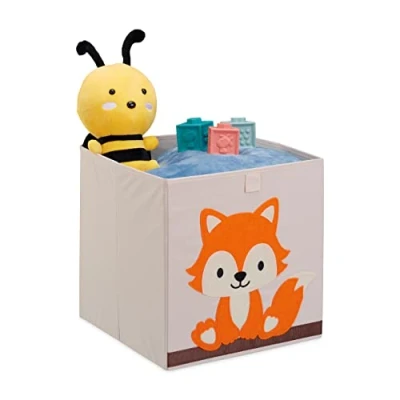 Imagen de Relaxdays Caja Infantil Almacenaje Juguetes Diseño Zorro, Cesta Tela, Decoración Niños, Bebés, 33x33x33cm, Beige/Naranja, Cartón, 33 x cm