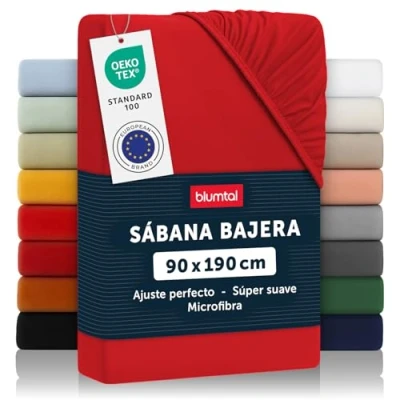 Imagen de Blumtal Basics Sábana Bajera Ajustable de Microfibra Cepillada para colchón 25 27 cm Altura, Cama 90: 90 x 190 30 cm, Rojo