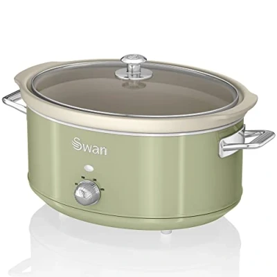 Imagen de Swan Retro SF17031GNEU Olla Cocción Lenta 6,5L Recipiente Extraíble, Antiadherente Cerámica libre PFOA y PTFE, 3 Niveles Temperatura, Tapa Vidrio, Slow Cooker, Diseño Vintage, Verde, 320W
