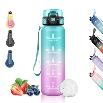 Imagen de Botella Agua, Agua 1 Litro, Gimnasio, A Prueba de Fugas, Reutilizable con Marca Tiempo, Cantimplora para Senderismo, Cámping, Correr, Ciclismo, Verde Rosa