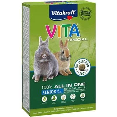 Imagen de Vitakraft Vita Special, Senior, alimento principal para conejos enanos mayores, con heno, ácidos grasos omega, sin azúcar ni cereales añadidos (1 x 600 g)