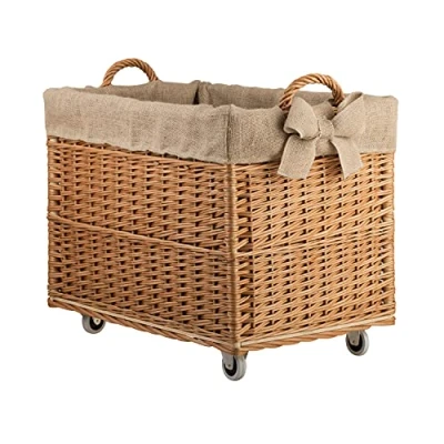 Imagen de Cesta de mimbre para chimenea, rectangular, leña, con ruedas, forro yute
