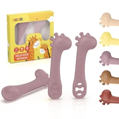 Imagen de akolik PreCucharas para Bebes, 2 Piezas de Cuchara Bebe Aprendizaje Baby, Munchkin Cubiertos Infantiles Jirafas Mordedor bebés y niños pequeños a partir 4 meses (Combinación rosa)