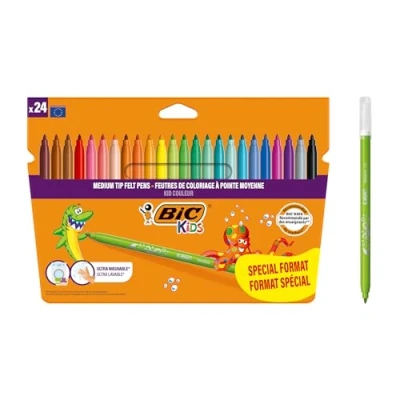 Imagen de BIC Kids, Kid Couleur, Rotuladores Lavables para Niños,Ideales Material Escolar, Punta Media Resistente, Colores Brillantes e intensos, Caja de 24 uds