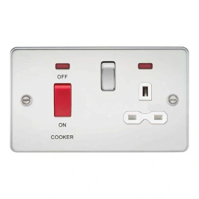 Imagen de Knightsbridge FPR8333NPCW Interruptor de placa plana DP y enchufe conmutado con neón, cromo pulido inserto blanco, 45 A/13 A
