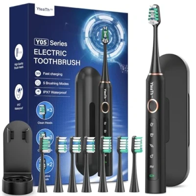 Imagen de Cepillo de Dientes Eléctrico Sónico para Adultos Electrico con 8 Cabezales y Estuche Viaje, 5 Modos, IPX7 Impermeable, Viaje Recargable, Negro