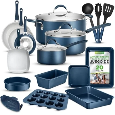 Imagen de NutriChef set bateria cocina 20 piezas, Profesional, Induccion, Utensilios, Baking set, Juego ollas, Sartenes, Antiadherentes, Seguros para a gas, Electrica, Facil limpieza. Color azul marino