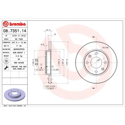 Imagen de BREMBO 08.7351.14 Disco de freno 247 13 4 macizo con tornillos CITROËN: Xsara Hatchback, Coupé, Familiar, PEUGEOT: 206 SW
