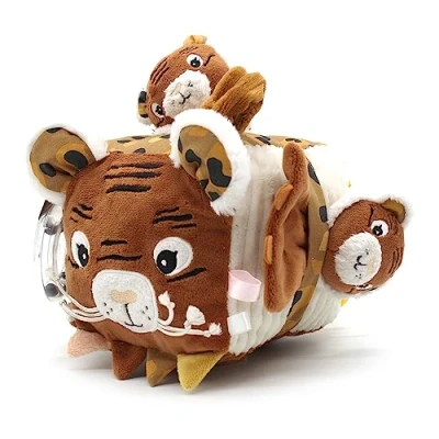 Imagen de Les Déglingos Cubo de Actividades Tela Speculos le Tigre, Juguete Despertar sonoro y táctil para bebé, Desarrollo Regalo Nacimiento 12 cm Ocre