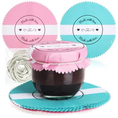 Imagen de COM FOUR® 30x blondas decorativas para tarros de conserva mermelada con bandas elásticas decoración (30 piezas rosa/turquesa)