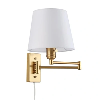 Imagen de BarcelonaLED Aplique de Pared con Brazo Articulado Dorado Nórdico Moderno Cable Enchufe e Interruptor Pantalla Blanca Tela Casquillo E27 para Lectura Dormitorio Mesita Noche Hotel