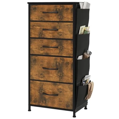 Imagen de YITAHOME Cajonera de Tela con Bolsillos Laterales, Ganchos,Cómoda Tela,Unidad Almacenamiento,con 5 cajones Extraíbles,Cómoda para Sala Estar,Dormitorio, Grano Madera podrido