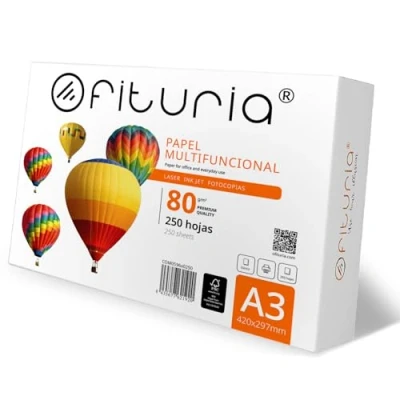 Imagen de Folios A3, Papel Multiusos para Impresora y Fotocopiadora, A3 Blanco Entornos Laborales Uso Doméstico, din 80g/m², Paquete de Ofituria (250 hojas)