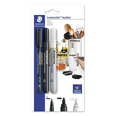 Imagen de Staedtler Lumocolor 60 BK 7 Juego de rotuladores permanentes universales y acrílicos, tiza para diferentes aplicaciones, no permanentes, color blanco negro