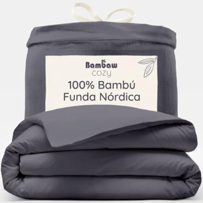 Imagen de Bambaw Funda Nordica Cama 90 (155x220 cm), Ropa de Bambú, Sábanas Suaves, Sedosas, Transpirables e Hipoalergénicas Antracita