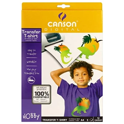 Imagen de Canson T Shirt transfers, Papel Transfer Camiseta, Liso, 140g, Sobre, A4 21x29,7cm, Sobre Cartón Impreso, Blanco, 5hojas