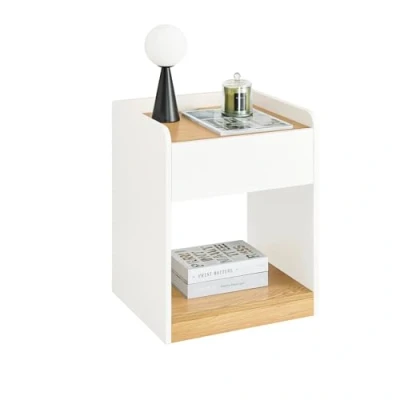 Imagen de SoBuy Mesa Auxiliar Mesita de Noche con 2 Estantes Abierto para Salón Comedor Dormitorio 45 x 40 55 cm Blanco y Madera FBT128 WN ES