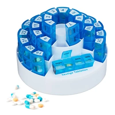 Imagen de Relaxdays Pastillero Mensual, Organizador Pastillas Grande, 31 Días, 4 Tomas, Plástico sin BPA, Soporte, Blanco y Azul, 1 Unidad