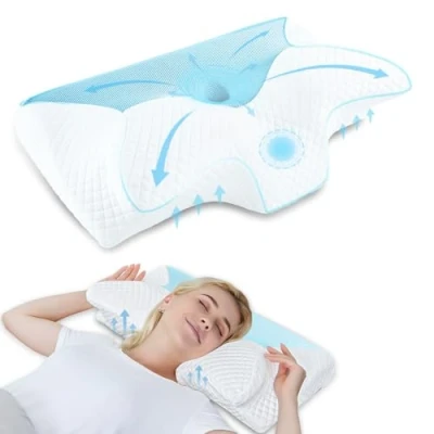Imagen de HOMCA Almohada Cervical de Espuma Viscoelastica, Ortopedica para Soporte Cuello, Almohadas Ergonómico Dormir Lado y Boca Arriba, Azul