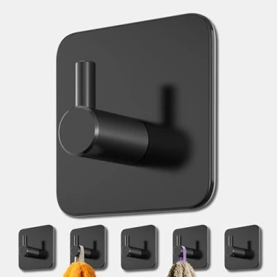 Imagen de 4smile Toallero sin taladrar, juego de 6 unidades, ganchos negros autoadhesivos con almohadillas adhesivas, adhesivos inoxidables, extrafuertes como para toallas baño y cocina
