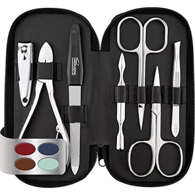 Imagen de marQus Set manicura de 7 piezas Solingen y pedicura en estuche piel auténtica, 2 tijeras, cortaúñas, lima, retira cutícula, alicate pinza, para hombre mujer