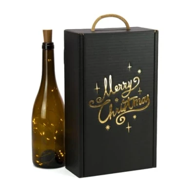 Imagen de ONLY BOXES Cajas para 2 Botellas de Vino Cava Regalo Cartón Pack 4 Unidades Elegante Estuche con Asa, Reciclado, Impresión Metalizada en Color Dorado