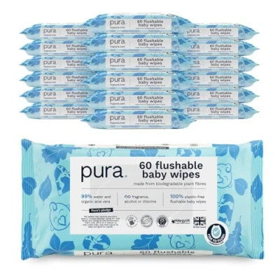 Imagen de Pura Toallitas Desechables WC Para Bebés, 1080 (18 x 60 Toallitas), 100% Húmedas Libres de Plástico, 99% Agua, Piel Sensible, Biodegradables, Algodón Orgánico