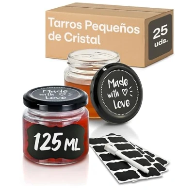 Imagen de 25 Tarros de Cristal Pequeños 125ml Con Etiquetas y Rotulador Herméticos Aptos para Lavavajillas Ideales Regalar