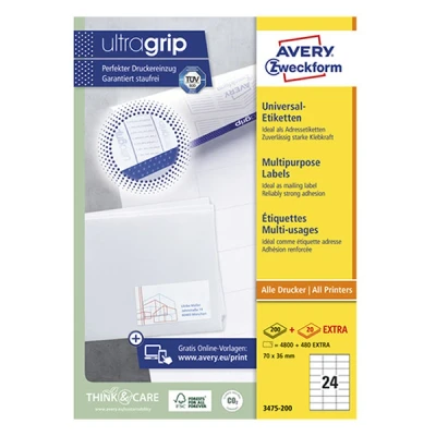 Imagen de Avery 3475 200 etiquetas Universal, 70 x 36 mm, adecuado para el alemán Publicar INTERNETMARKE, hojas / 4800 etiquetas, blanco